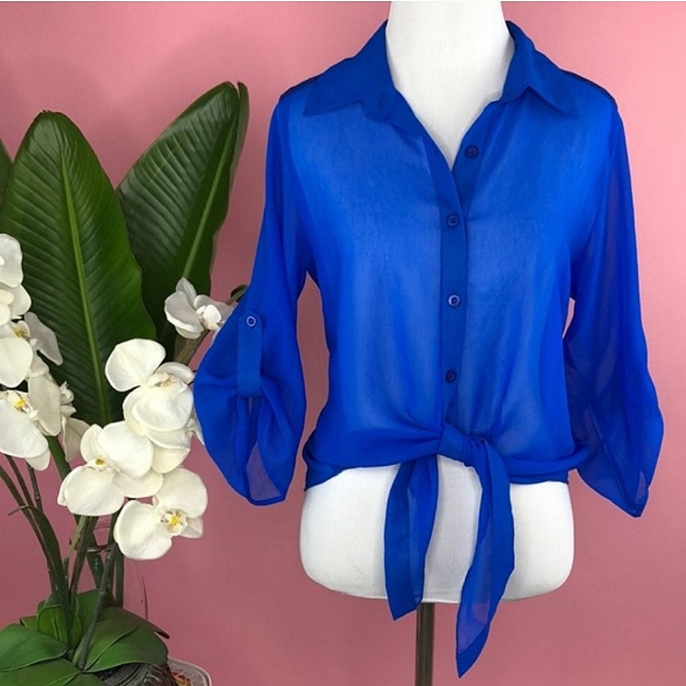 Wet Seal Cobalt Blue Sheer Floral Lace Long Sleeve Button Up Top LIKE NEW